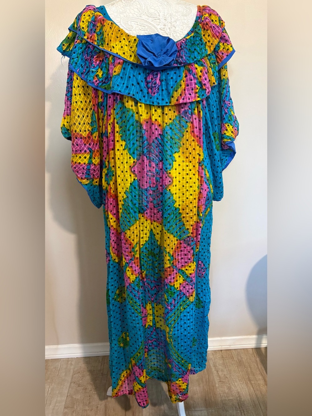 Vintage Colorful Ruffle Maxi Dress Caftan Polka Dot